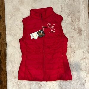 Women’s Alabama zip up vest, New with tags, size S, Red with “Roll Tide”